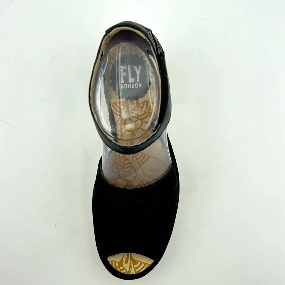 Fly London Black Suede & Leather Peep Toe Wedge Sandals - Size EU 37 / US 6.5–7
